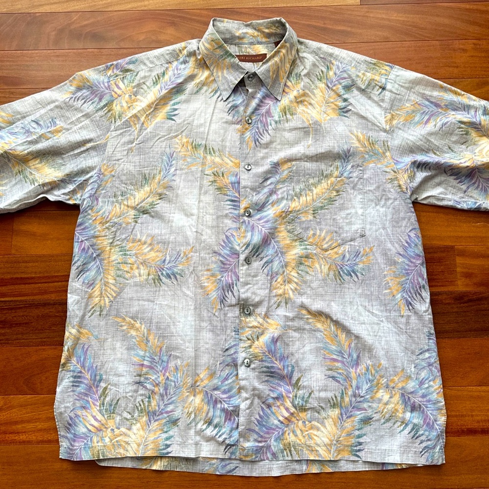 Tori Richard Button Down Hawaiian Shirt Mens Large Palm Leaf Print Gray